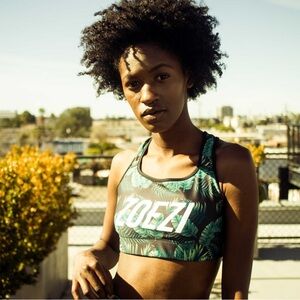 Zoezi Bra Black and Green Damaris Palm Sports Bra Size Small Workout Racerback